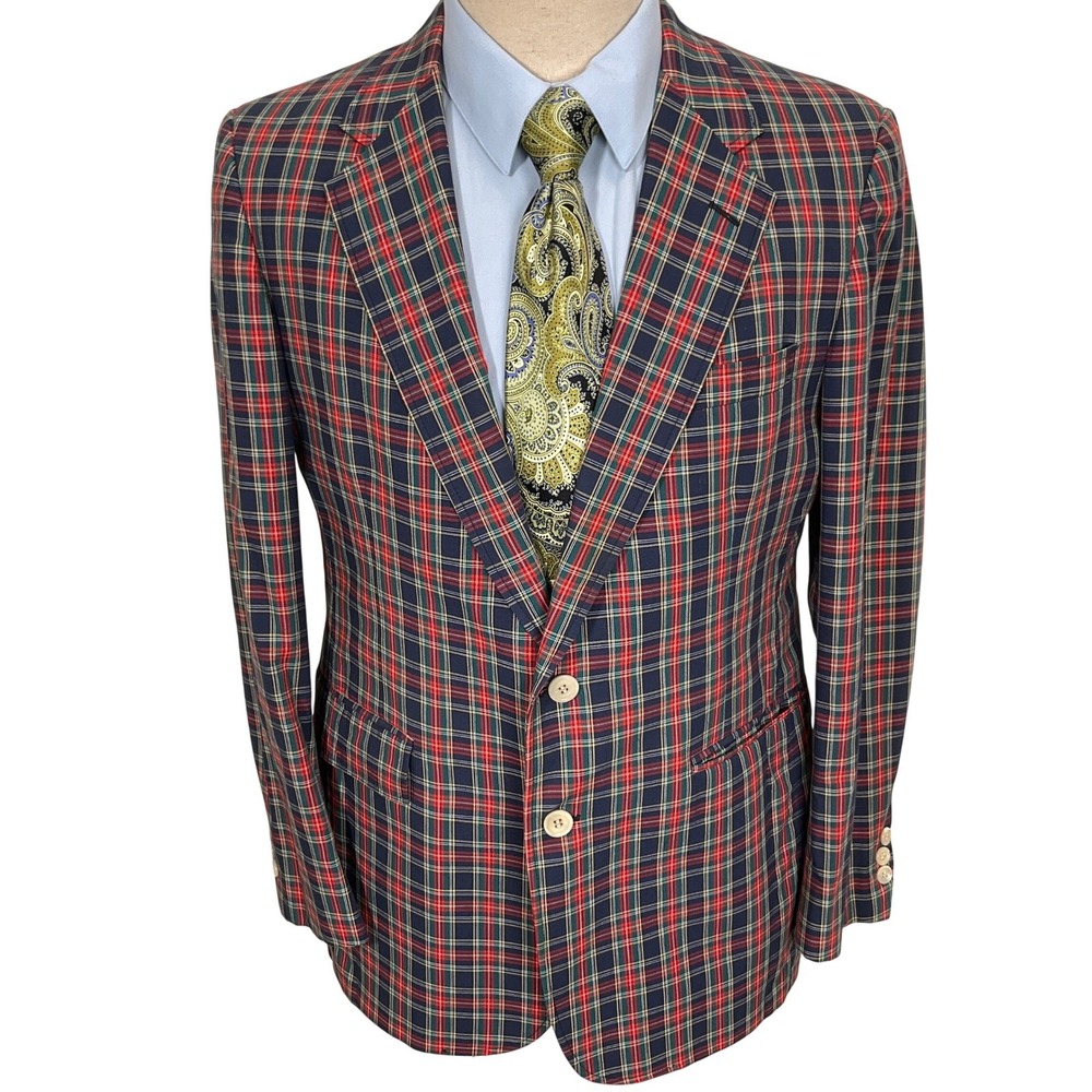 CRICKETEER Bespoke Blazer Mens 40R Blue Red Plaid Preppy Holiday VTG Jacket
